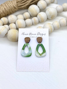 Green, White, Gold & Wood Marbled Clay Cutout earring
