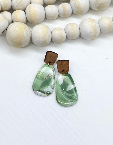 Green, White, Gold & Wood Marbled Clay Oblong earrings