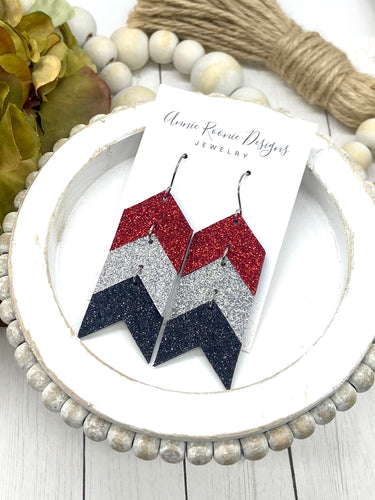 Stacked Chevron earrings in Red, Silver, & Black glitter leather