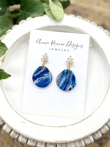 Blue & Gold Marbled clay Mini drop earrings