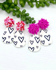 White & Black hearts clay earrings