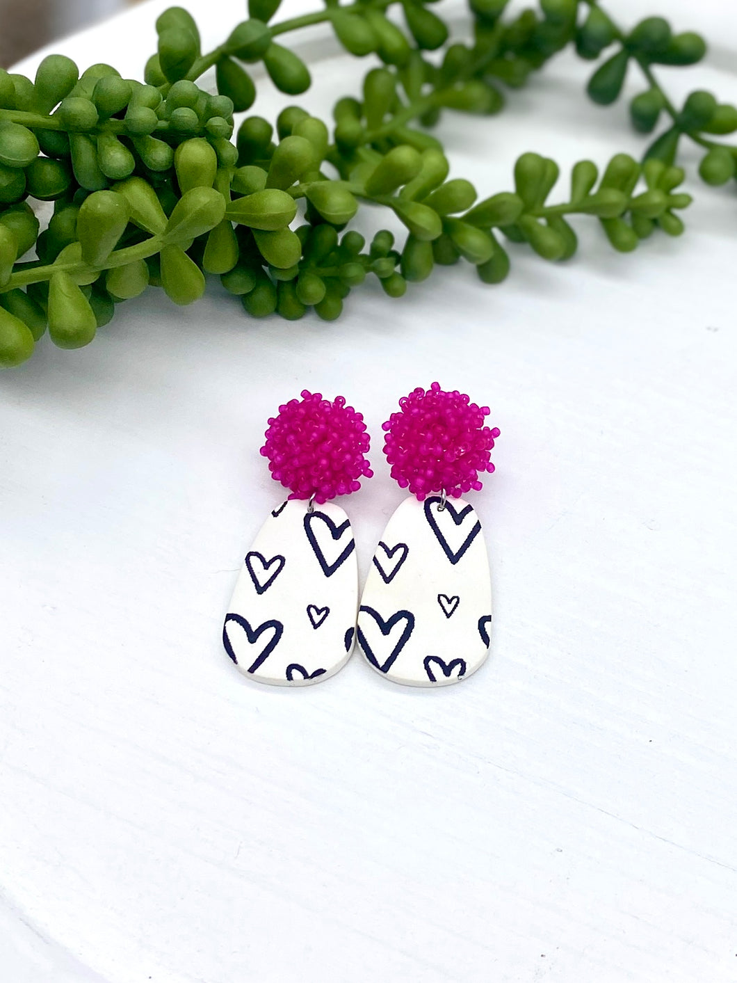 White & Black hearts clay earrings