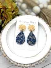 Load image into Gallery viewer, Navy &amp; Gold Floral Print Wooden Teardrop earrings