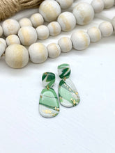 Load image into Gallery viewer, Green, White, &amp; Gold Marbled Clay Oblong earrings