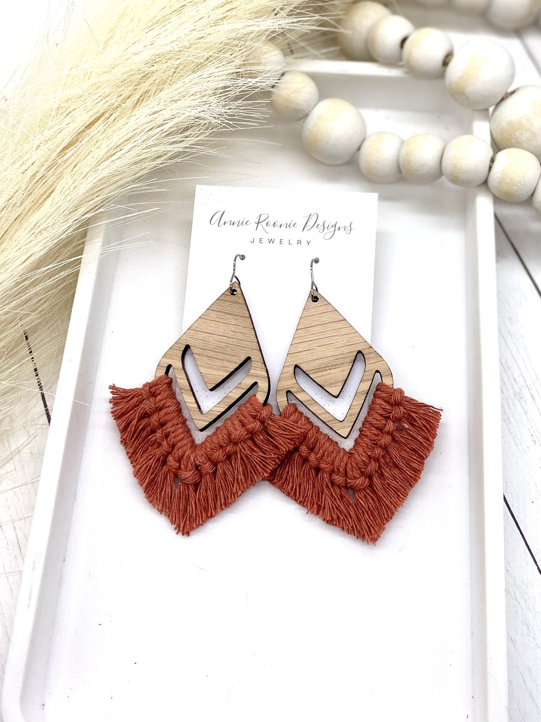 Rust Macrame + Wood Double diamond earrings