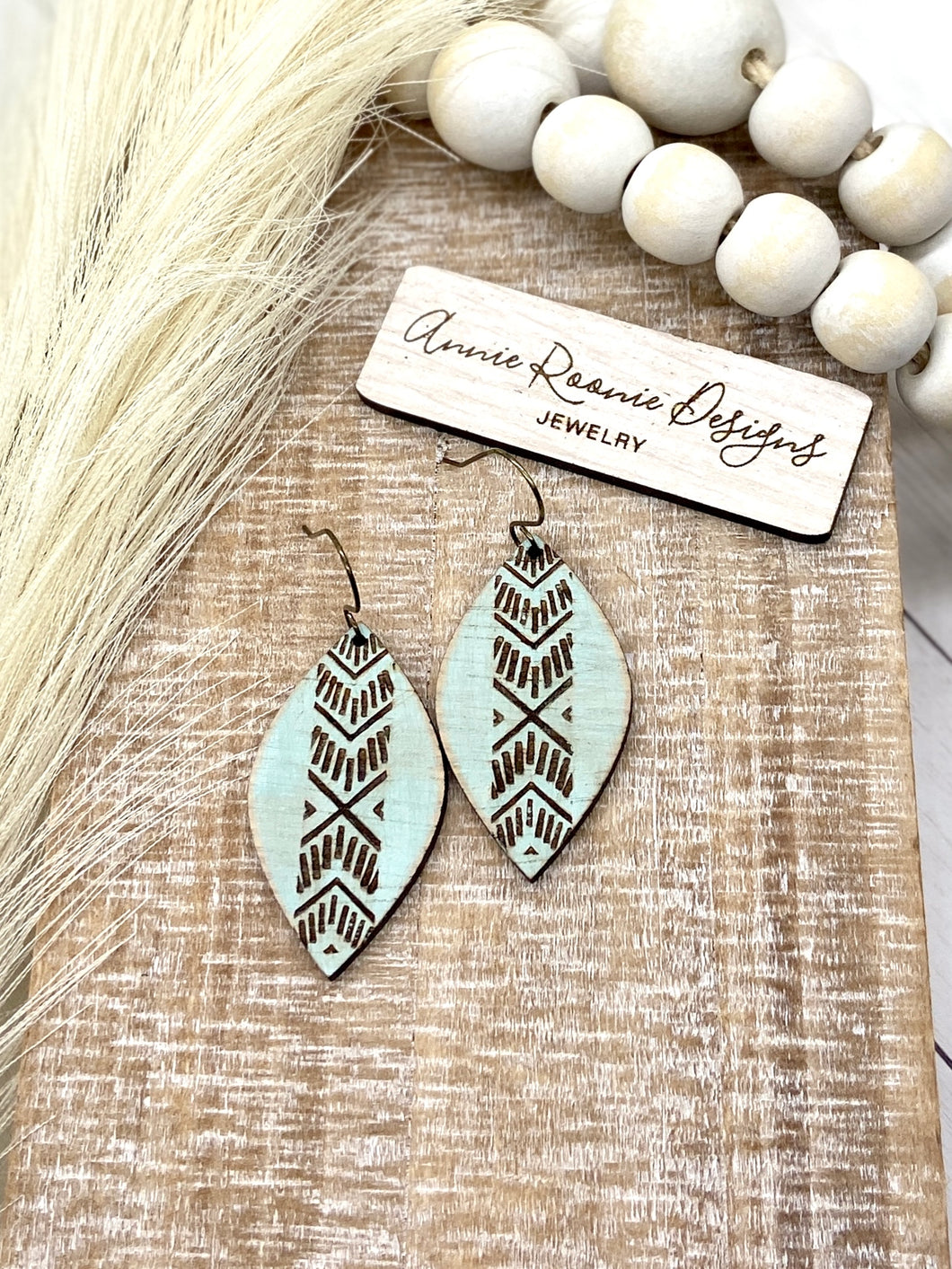 Distressed Mint Green Wooden Marquis earrings