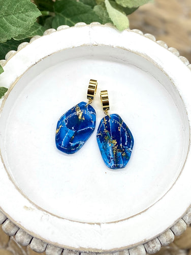 Blue & Gold Marble Clay abstract oblong earrings