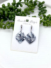 Load image into Gallery viewer, Black &amp; White Marbled Clay Pointed Teardrop earrings
