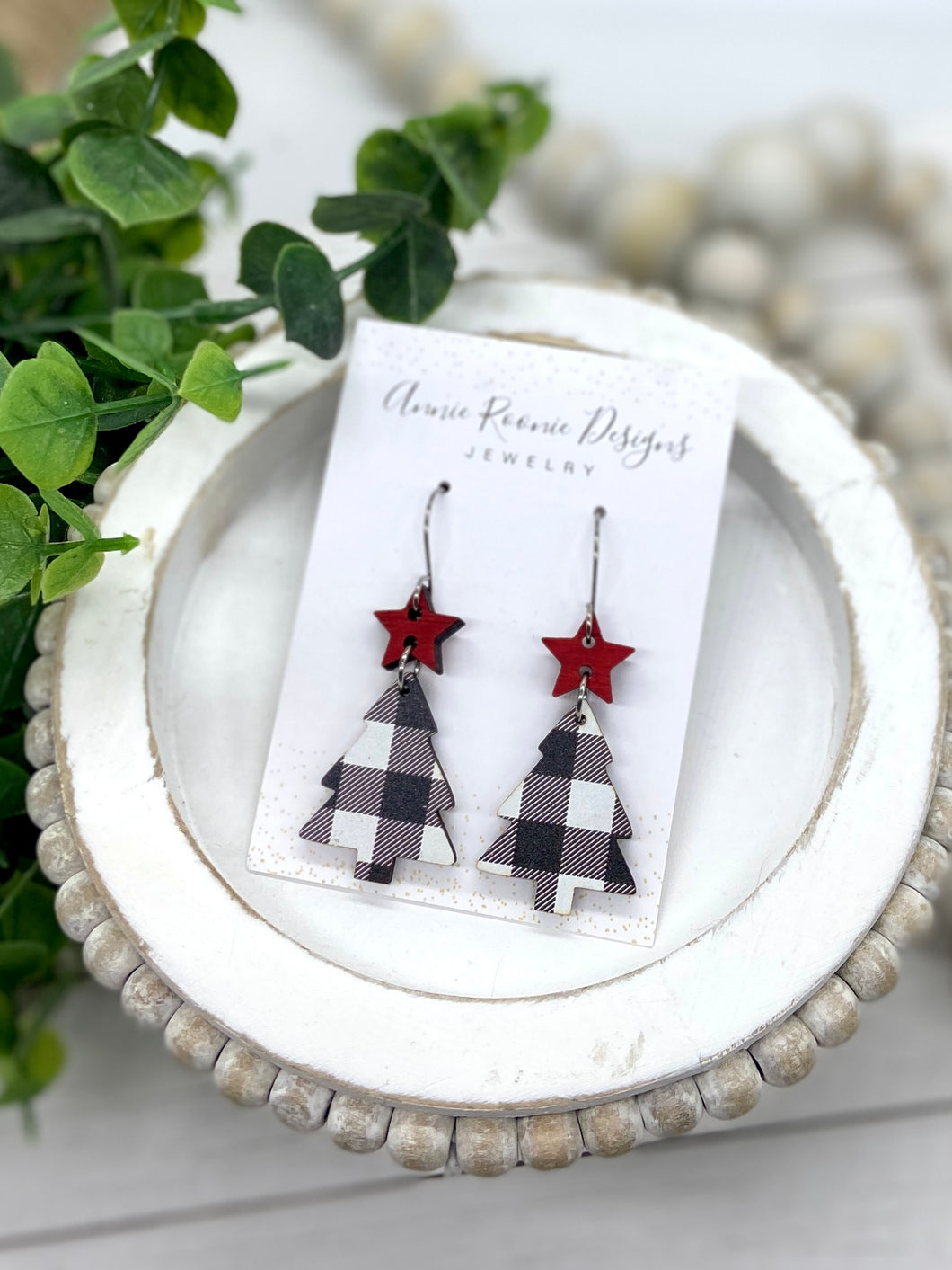 White Buffalo Plaid Wooden Christmas Tree earrings