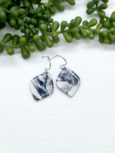 Load image into Gallery viewer, Black &amp; White Marbled Clay Pointed Teardrop earrings