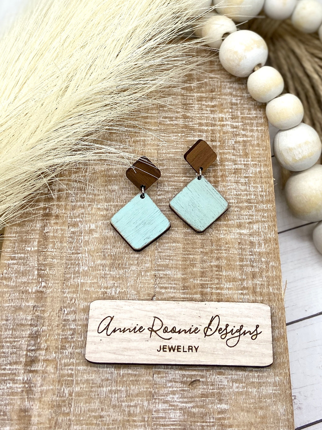 Distressed Light Turquoise Diamond Wooden earring