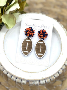 Handpainted Wooden Football earrings with pom pom toppers