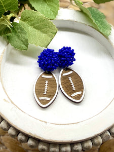 Handpainted Wooden Football earrings with pom pom toppers