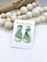 Load image into Gallery viewer, Green, White, &amp; Gold Marbled Clay Oblong earrings