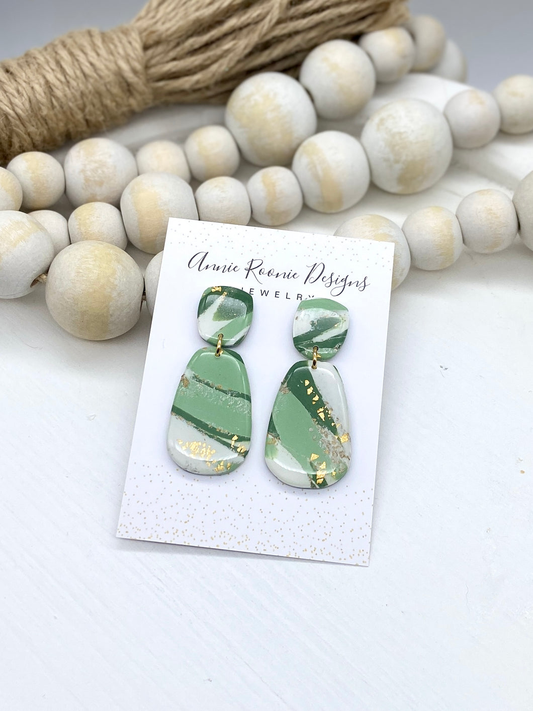 Green, White, & Gold Marbled Clay Oblong earrings