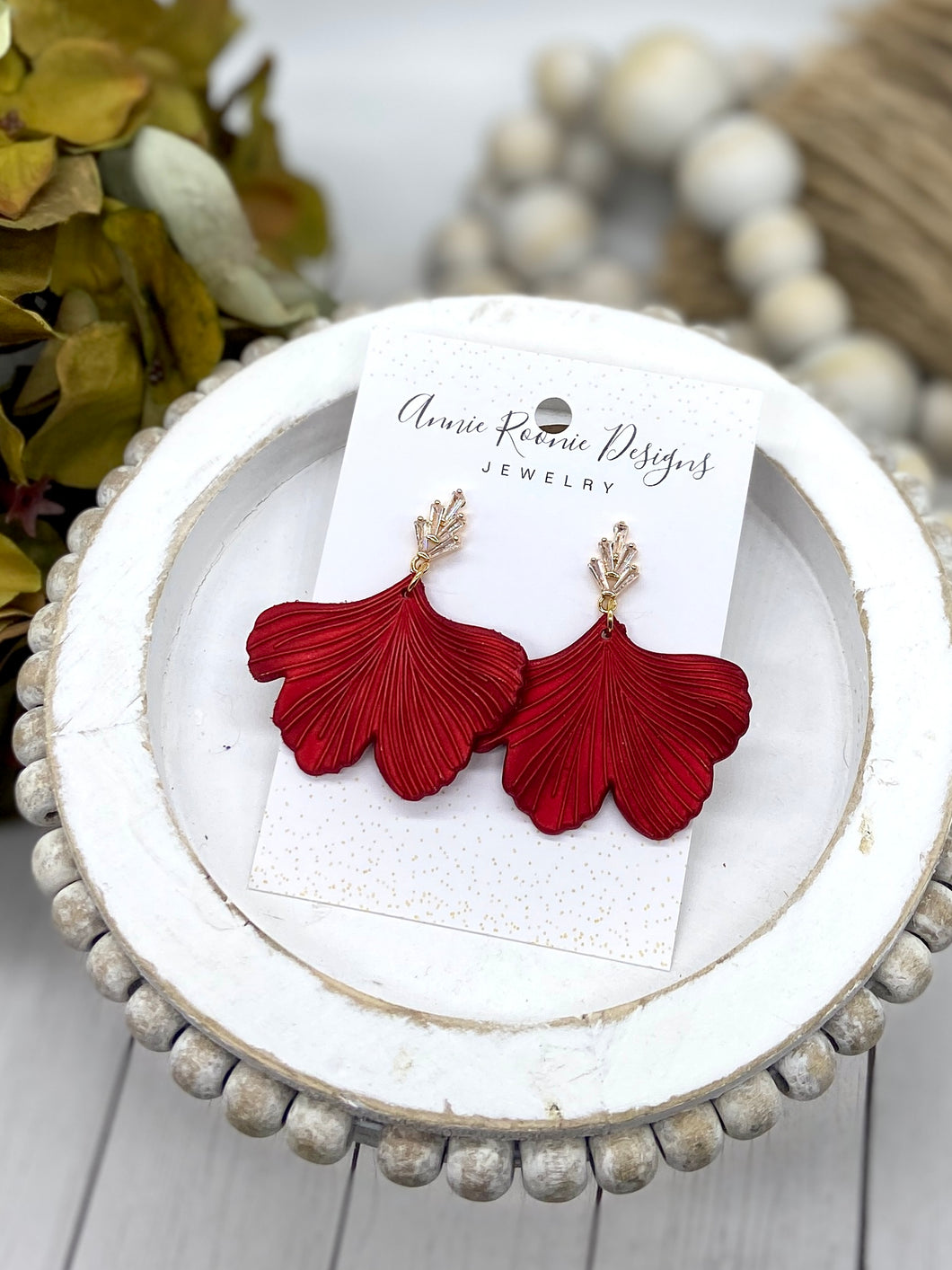 Satin Red Acrylic Gingko leaf earrings on Cubic Zirconia posts