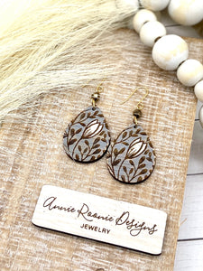 Handpainted Dark Gray Wooden Floral Teardrop earrings