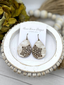 Distressed Snowflake Wooden Teardrop earrings