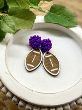 Load image into Gallery viewer, Handpainted Wooden Football earrings with pom pom toppers