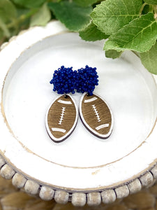 Handpainted Wooden Football earrings with pom pom toppers