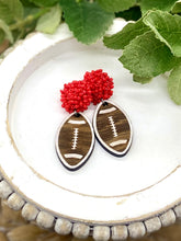 Load image into Gallery viewer, Handpainted Wooden Football earrings with pom pom toppers