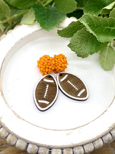 Handpainted Wooden Football earrings with pom pom toppers