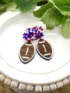 Handpainted Wooden Football earrings with pom pom toppers