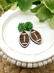 Handpainted Wooden Football earrings with pom pom toppers
