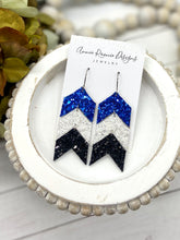 Load image into Gallery viewer, Stacked Chevron earrings in Royal, White, &amp; Black leather