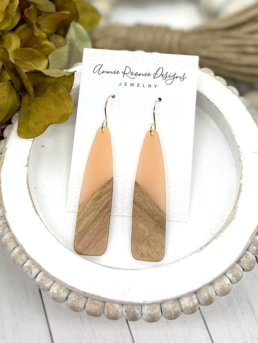 Peach Acrylic & Wood Long Teardrop earrings