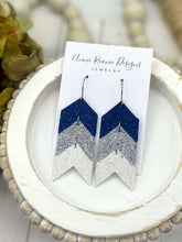 Load image into Gallery viewer, Stacked Chevron earrings in Navy, Silver, &amp; White leather
