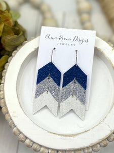 Stacked Chevron earrings in Navy, Silver, & White leather