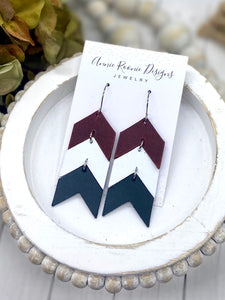 Stacked Chevron earrings in Maroon, White, & Black leather