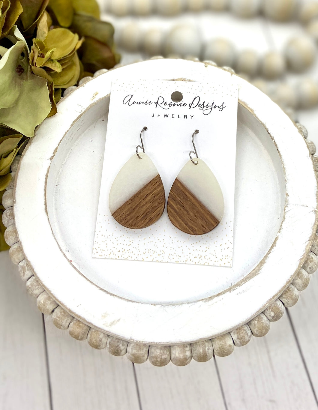 White Acrylic & Wood Teardrop earrings