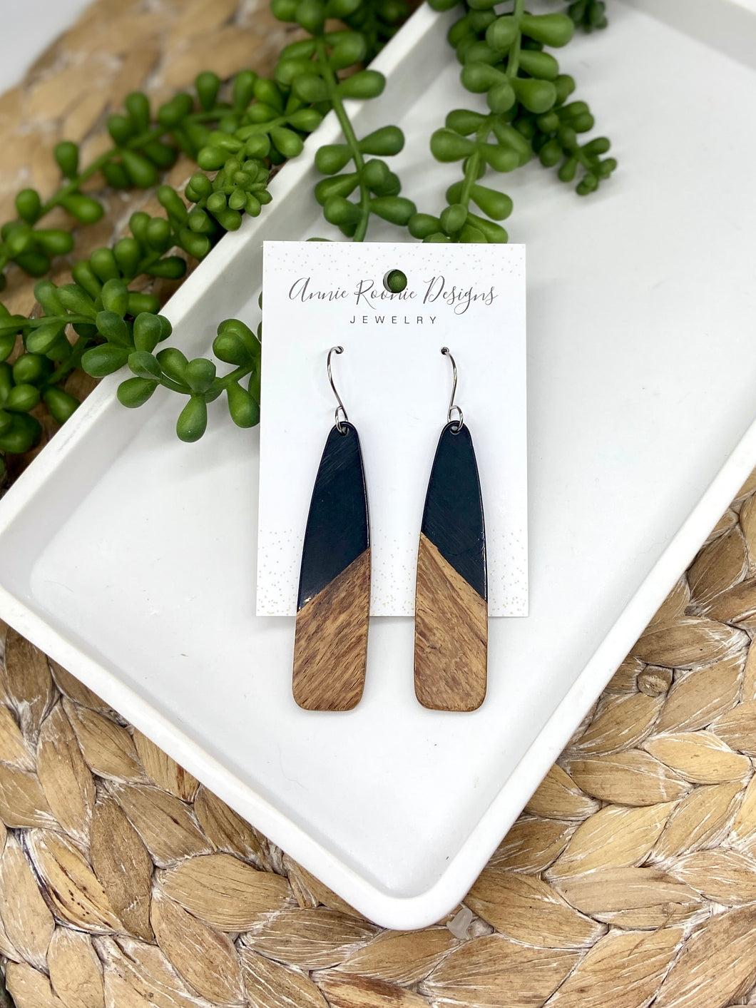 Black Acrylic & Wood Long Teardrop earrings