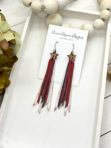 Red, White, & Blue leather skinny fringe earrings