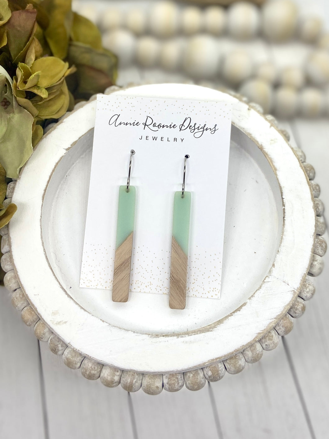 Mint Green Acrylic & Wood Skinny Rectangle earrings