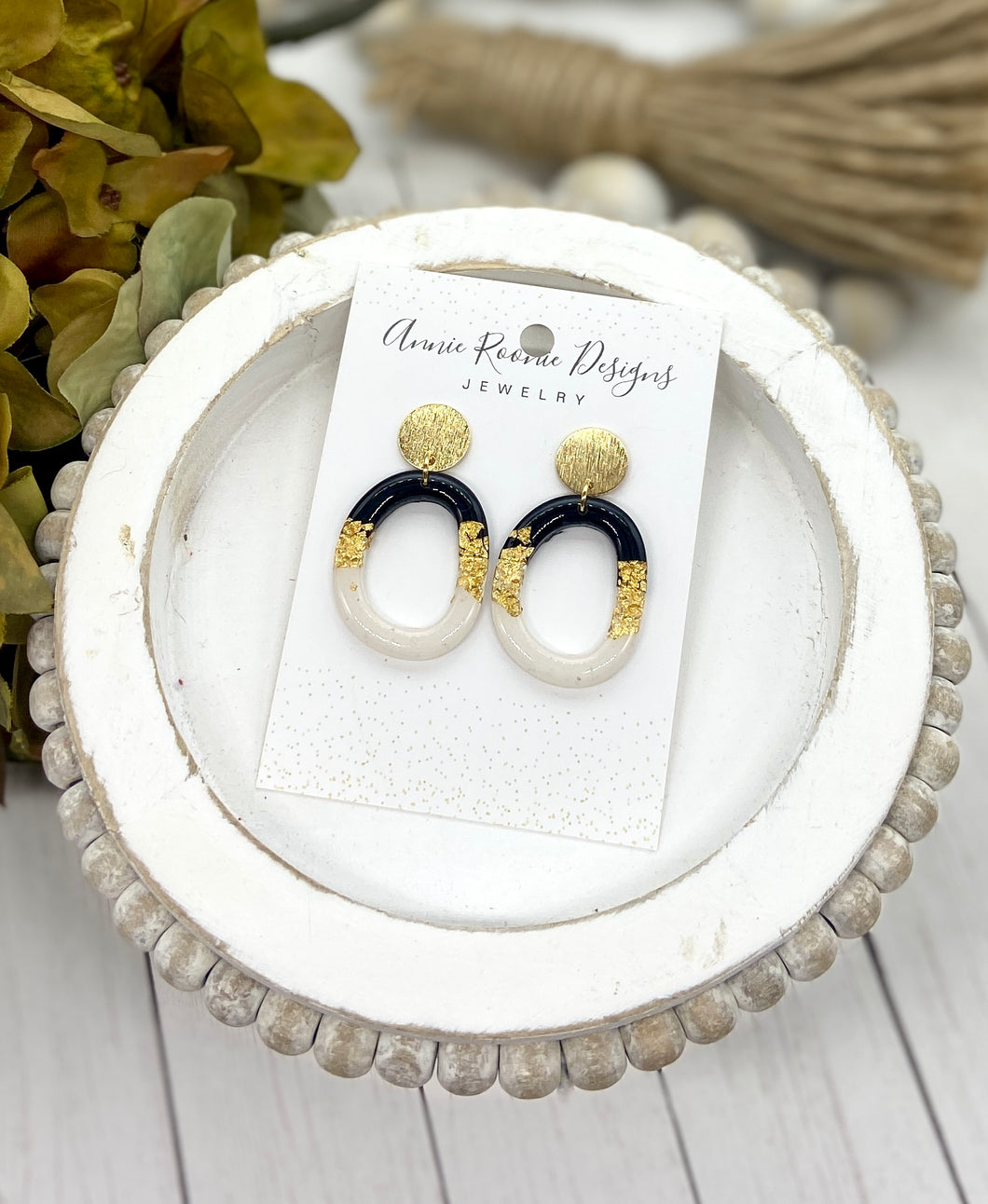 Gold & Black Clay Open Circle earrings