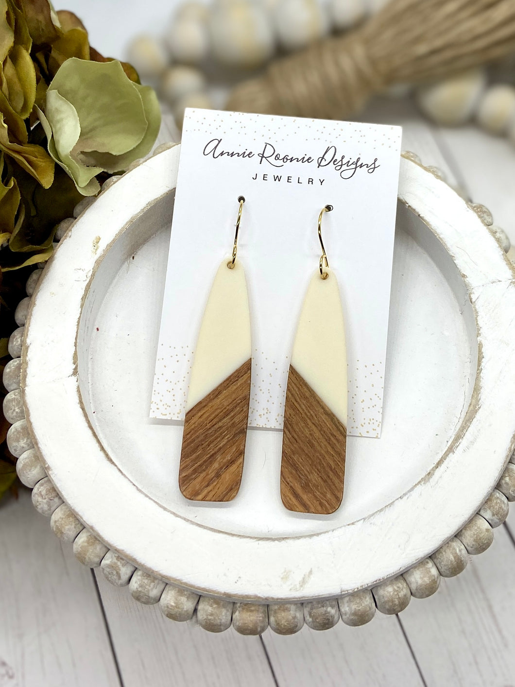 White Acrylic & Wood Long Teardrop earrings