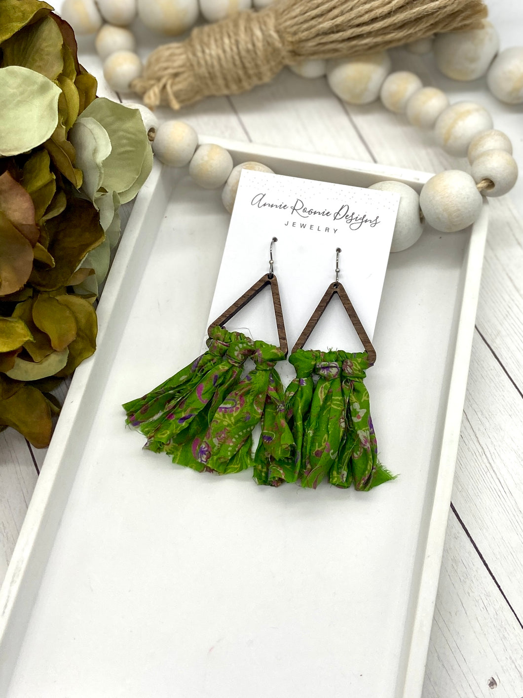 Green Sari Silk Fringe earrings