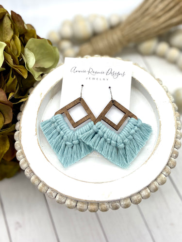 Misty Blue Macrame + Wood Double diamond earrings