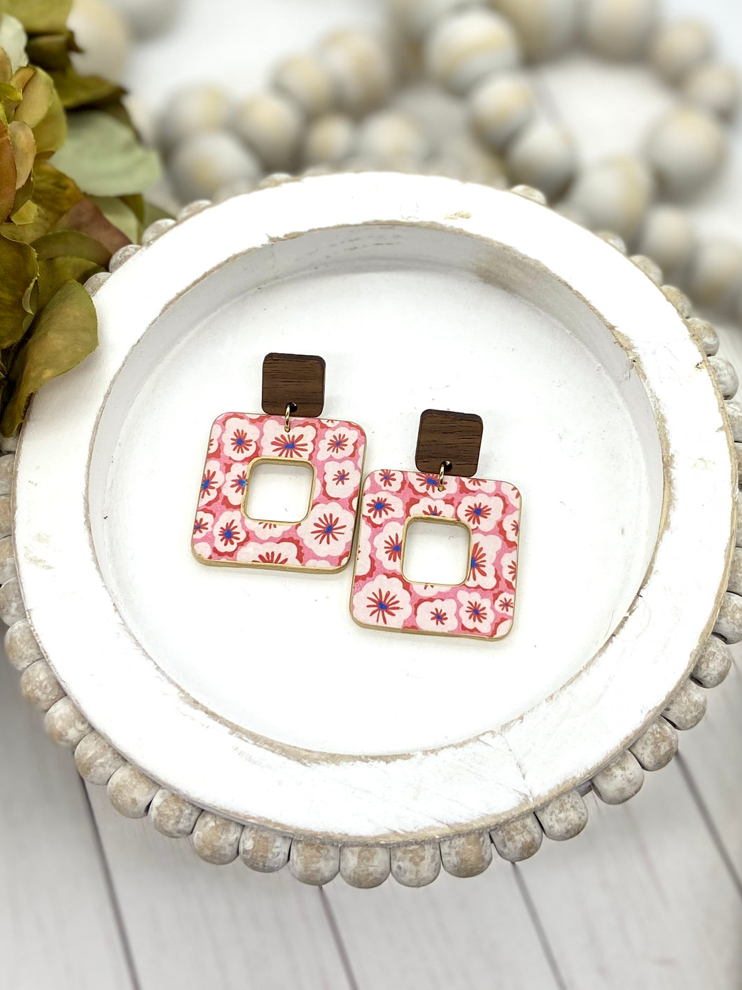 Pink Floral Clay Open Square earrings