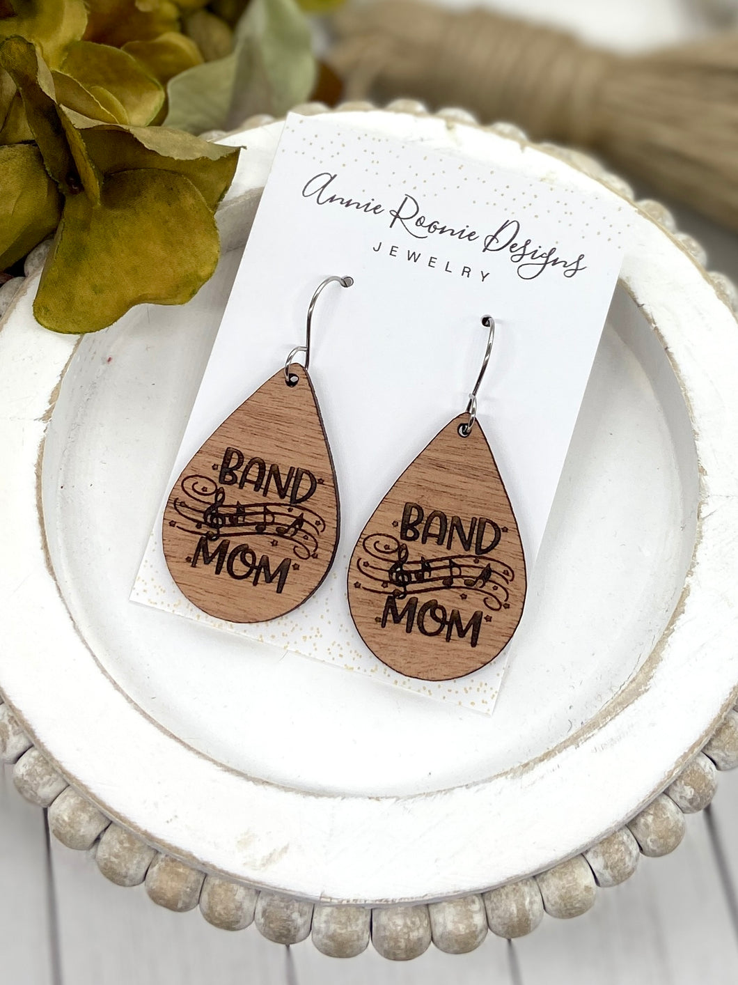 Band Mom engraved Wooden Teardrop earrings