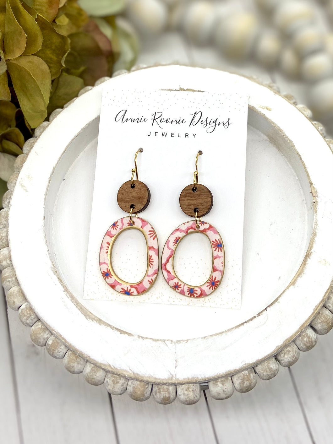 Pink Floral Clay Open Circle earrings