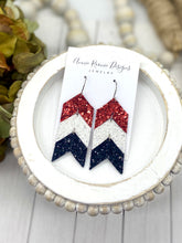 Load image into Gallery viewer, Stacked Chevron earrings in Red, White, &amp; Black leather