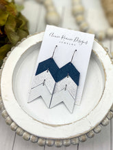 Load image into Gallery viewer, Stacked Chevron earrings in Navy, Silver, &amp; White leather