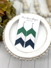 Load image into Gallery viewer, Stacked Chevron earrings in Green, White, &amp; Black leather