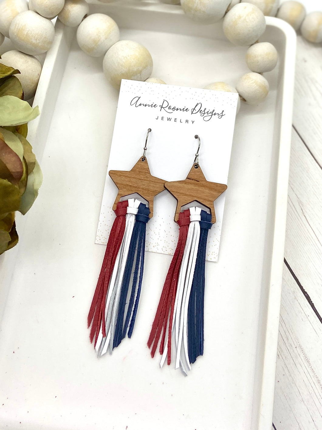 Red, White, & Blue leather Star fringe earrings