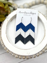 Load image into Gallery viewer, Stacked Chevron earrings in Royal, White, &amp; Black leather