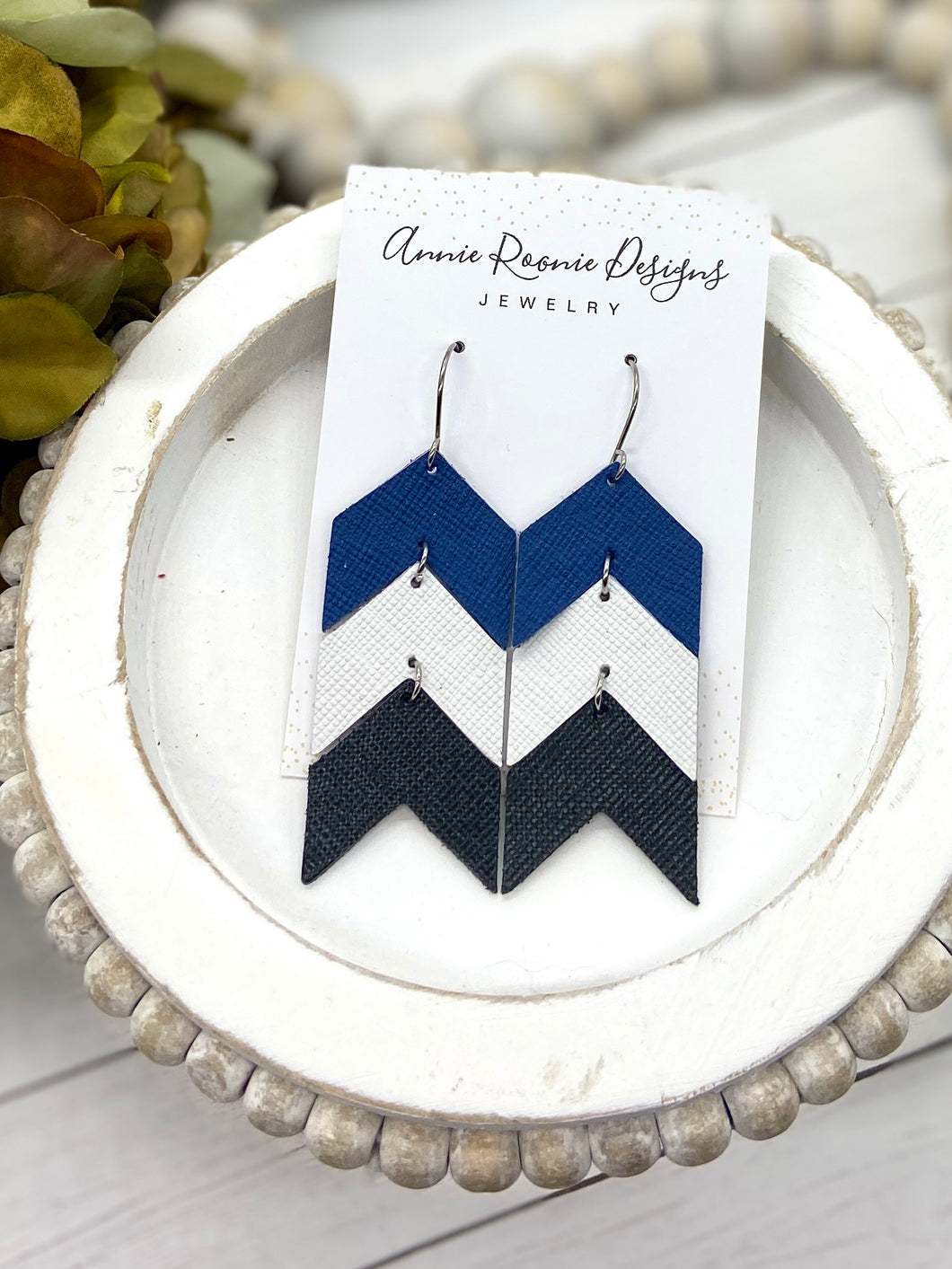 Stacked Chevron earrings in Royal, White, & Black leather